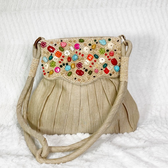 Beaded Tan Fabric Shoulder Bag Lined Magnetic Closure Bell Shape - Picture 1 of 8